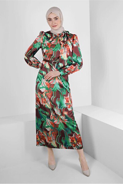 Alvina PATTERNED BELTED SATIN DRESS 43655