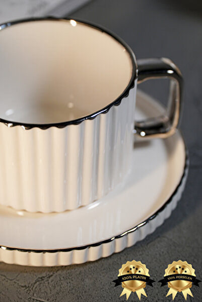 Farika Porselen Satürn 4 Parça 2 Kişilik Platin Yaldız Porselen Çay Fincan Seti