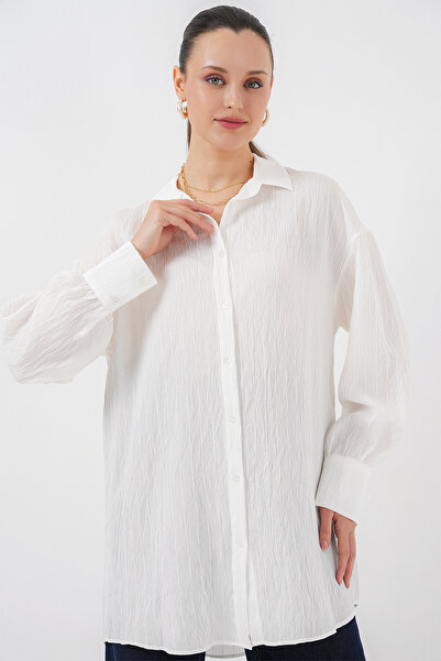 Bigdart Kadın Çizgili Uzun Gömlek Tunik 5963 - Beyaz