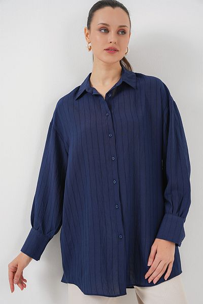 Bigdart Γυναικείο ριγέ μακρύ πουκάμισο τουνίκ 5963 - Navy Blue