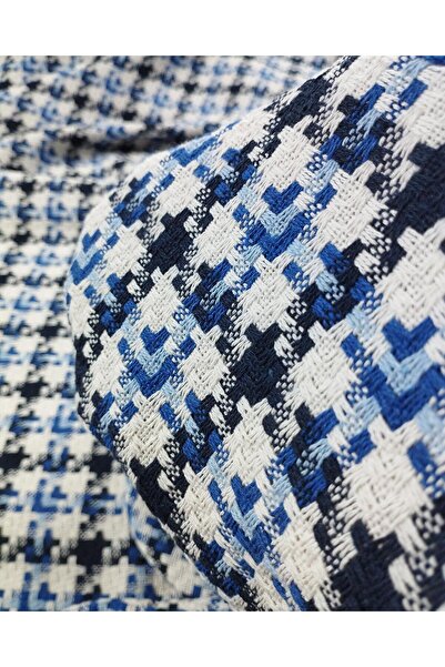 Kumaş Parça Ekru Mavi Siyah Kazayağı Renkte Şanel Dokuma En: 145