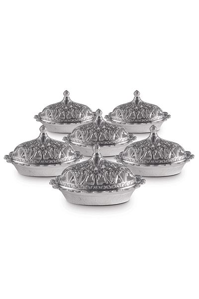 Sena 6 Pieces Motif Embroidered Oval Metal Turkish Delight Bowl (357-6)