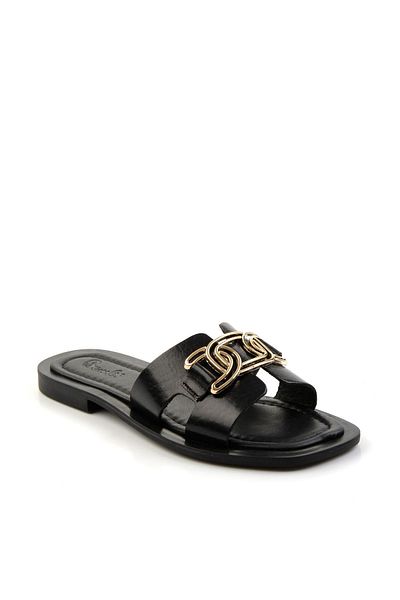 Bambi Black Leather Women's Slippers K04826053503