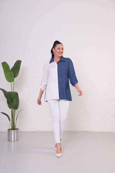Mezure Buttoned Stone Cotton Blouse Large Size