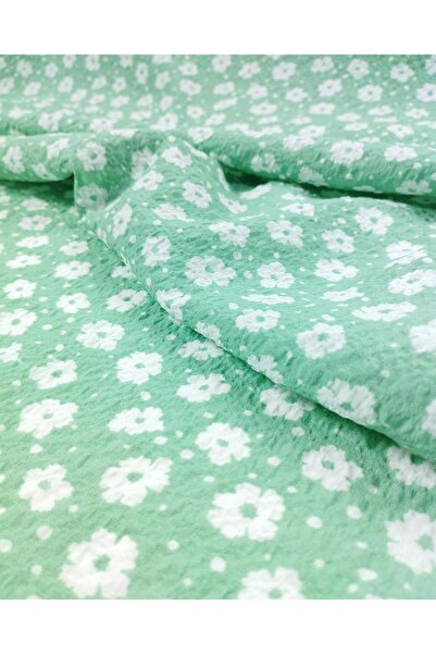 Kumaş Parça Відкритий зелений з білими квітами гофрований тканий матеріал (ши...