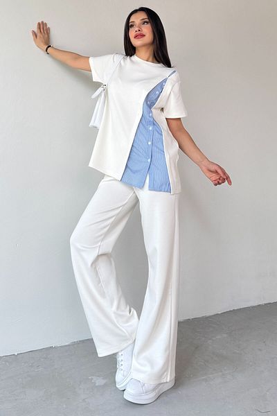 Cappmoda TKM-03701 Ecru ing részletes kialakítású póló derék rugalmas nadrág kétrészes szett