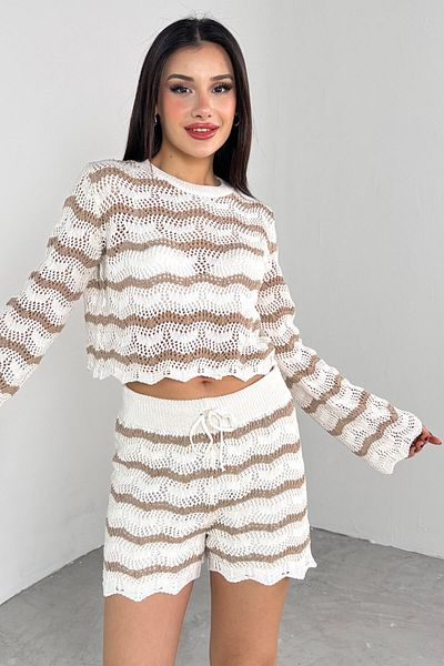 Cappmoda TKM-03700 Mink Ecru ριγέ Πλεκτά Μπλούζα Ελαστική Σορτς Σετ δύο τεμαχίων