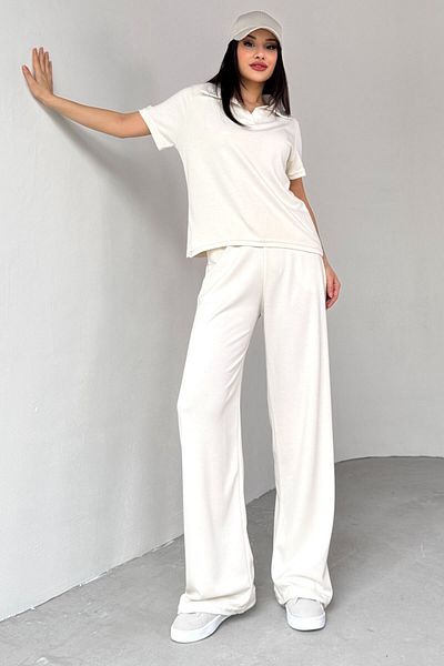 Cappmoda Tkm-03690 Ecru Polo Neck Blouse Loose Trousers Double Set