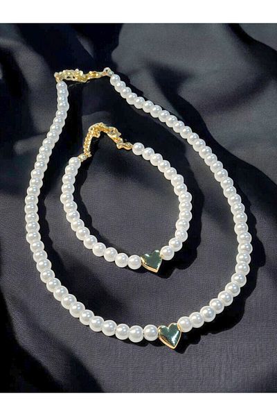 stainless steell Luxury Pearl Love with Heart White Pearl Necklace & Bracelet Set