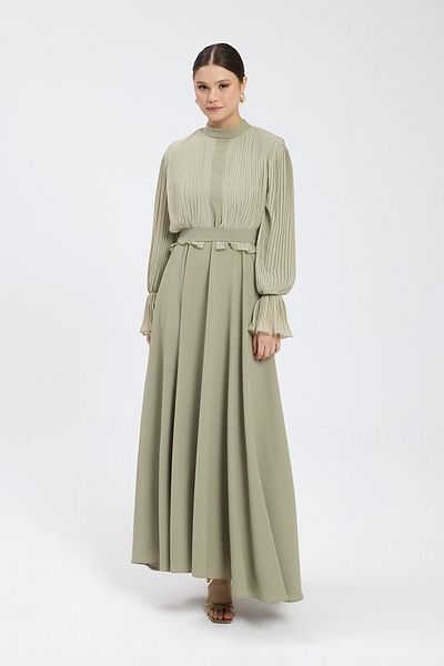 Birgül Bektaş Khaki Size Pleated Crepe Chiffon Dress