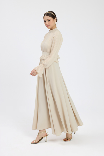 Birgül Bektaş Vizon Bedeni Piliseli Krep Şifon Elbise