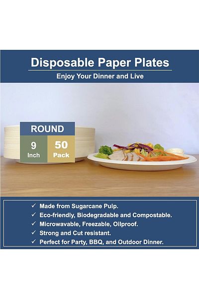 COOYA Paper Disposable Plates, Nature Compostable, Hot or Cold Use, Strong, Microwavable, 9 In, 50 Pcs