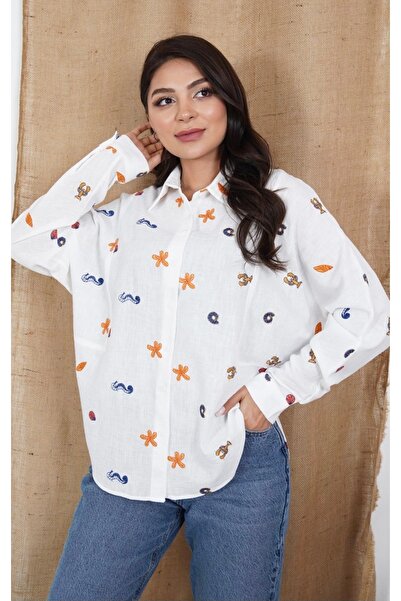 MODA Ποιοτικό μοντέρνο λινό πουκάμισο με κέντημα από κοχύλια και πτυσσόμενα μ...