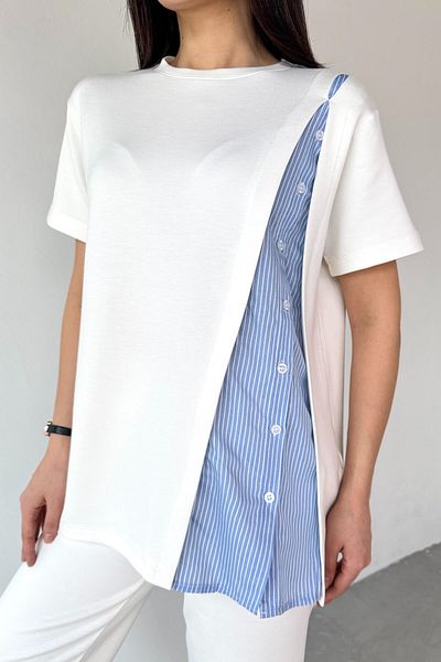 Cappmoda Tkm-03701 Ecru Shirt Detail Design T-Shirt Waist Elastic Pants Double Set