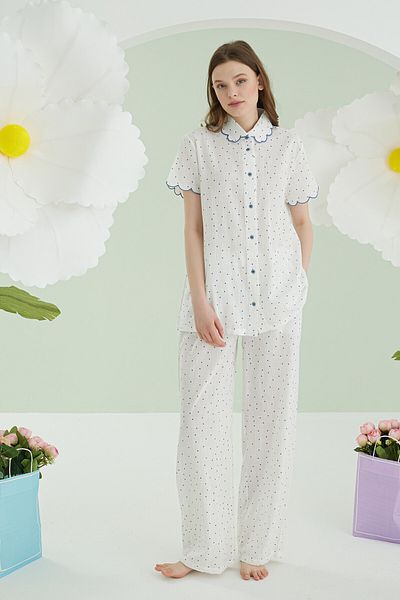 NBB Set pijama cu nasturi în față cu buline albastre