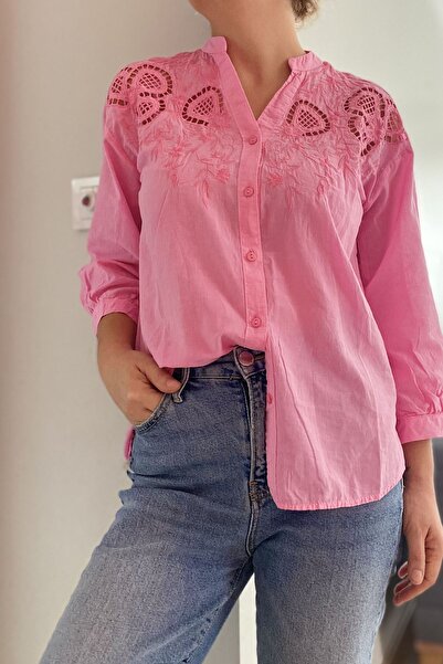 sharin Kadın Pembe Brode Nakış işlemeli Pamuk Gömlek 12A-2297