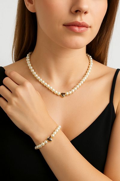 stainless steell Luxury Pearl Love with Heart White Pearl Necklace & Bracelet Set