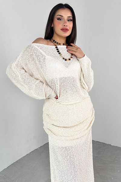 Cappmoda Tkm-03697 Ecru Spider Knitwear Fabric Loose Long Sleeve Blouse Waist Detailed Skirt Double Set