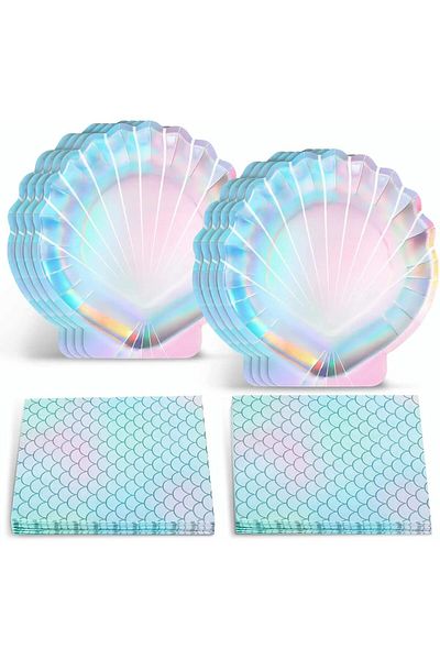 COOYA Mermaid Party Supplies Set, Disposable Tableware (24Pcs Plates & 20Pcs Napkins)