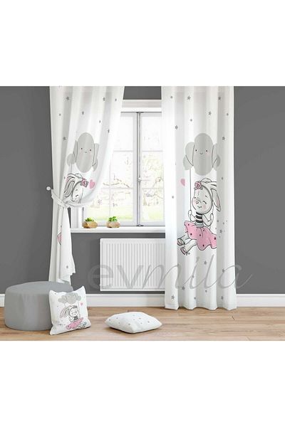 Evmila Swinging Rabbit Patterned, Printed Children's Room Background Curtain