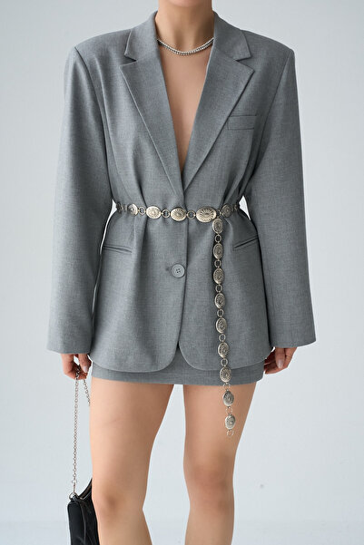 LOOSH Kadın Gri Kruvaze Yaka Oversize Blazer Ceket