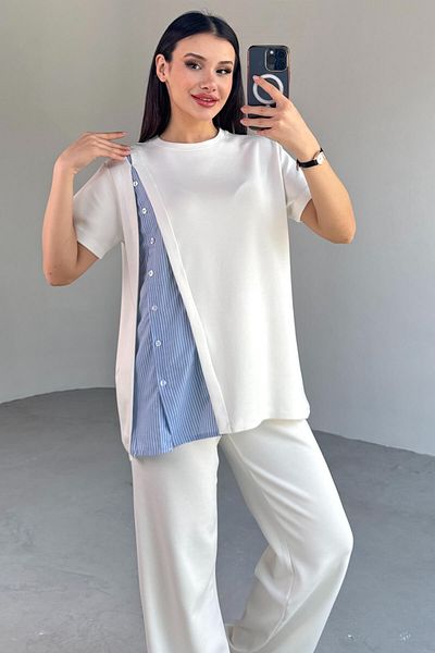 Cappmoda Tkm-03701 Ecru Shirt Detail Design T-Shirt Waist Elastic Pants Double Set