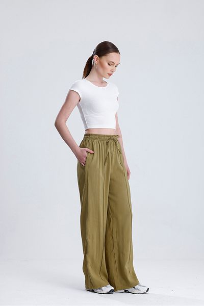 fujya Elastic Waist Double Pocket Modal Trousers Oil Green