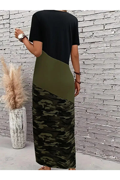 fh fashionhere Kadın Kısa Kollu Bisiklet Yaka çok Renkli Maksi Viskon Elbise