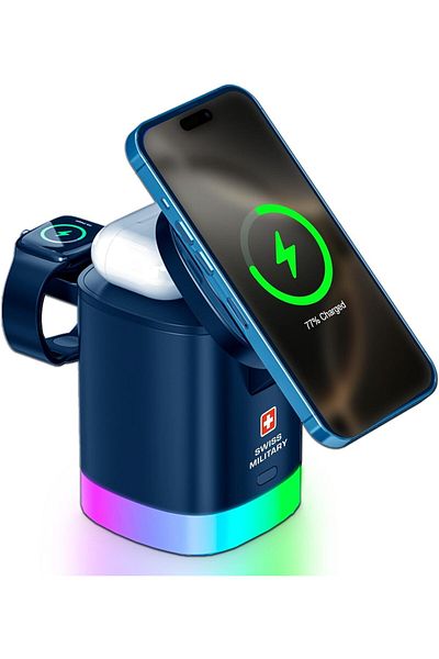 Swiss Military شاحن لاسلكي مغناطيسي 3 في 1 لأجهزة iPhone وAirPods وApple Watch وأجهزة Qi2 - شحن سريع، أزرق