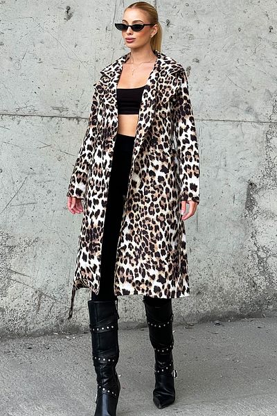 VAGGON Γυναικεία Leopard Cruvazze γιακά με διπλή τσέπη και ζώνη μέσης Prmx12954