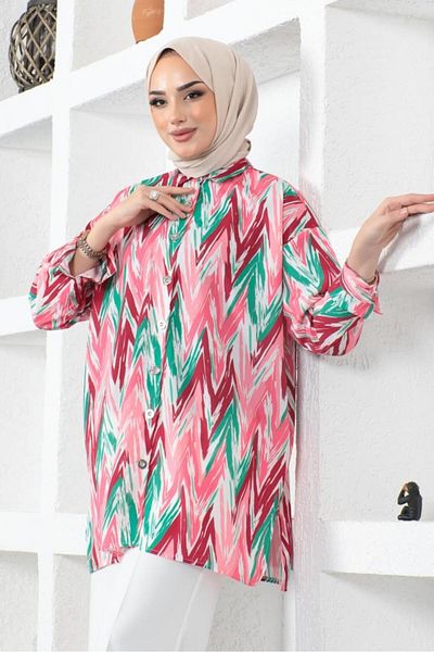 giyze Patterned Hijab Shirt Fuchsia 8887