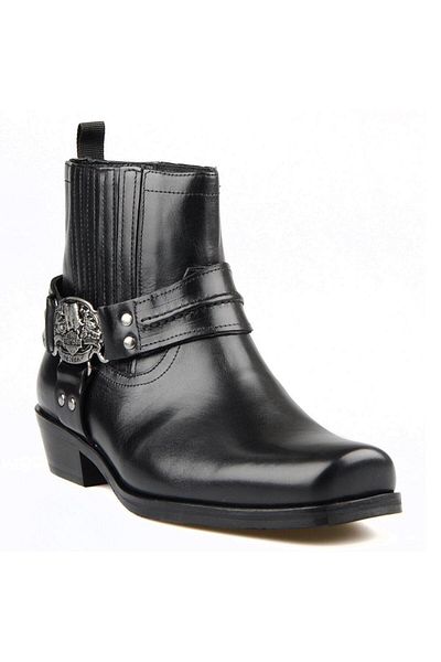 FootCourt Black Leather Blunt Toe Men's Biker Boots