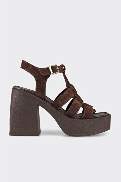 Elle Shoes Kahve Deri Kadın Topuklu Sandalet