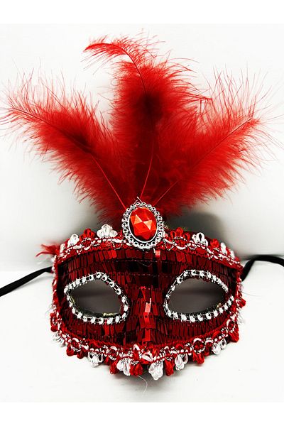 SAVA HOME COLLECTİON Red Color Sequined Sequin Feather Party Mask 17x20 cm