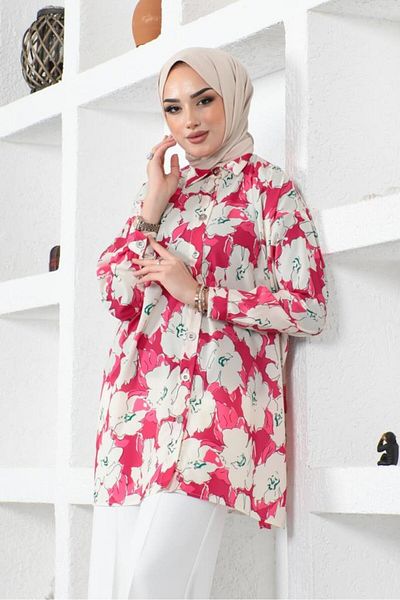 giyze Patterned Hijab Shirt Fuchsia 8889