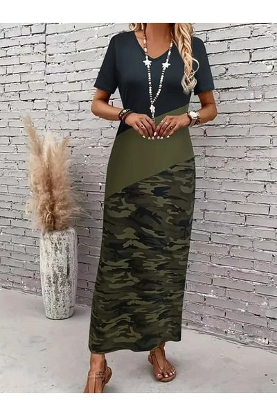 Moda Asmira Women's Short Sleeve Crew Neck Multi Color Maxi Viscose Dress