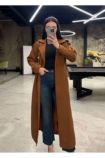 missswans Wendel Double Breasted Collar Lined Belted Trench Coat Brown