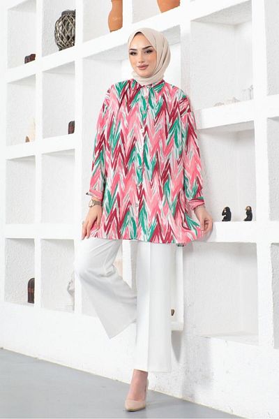 giyze Patterned Hijab Shirt Fuchsia 8887