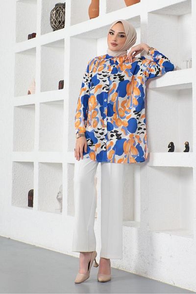 giyze Patterned Hijab Shirt Saks Blue 8885