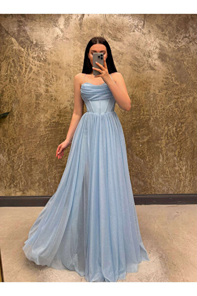 missswans Hadley Göğüs Drapeli Korseli Ayarlanabilir İp Bağlamalı Simli Uzun Elbise Bebe Mavi