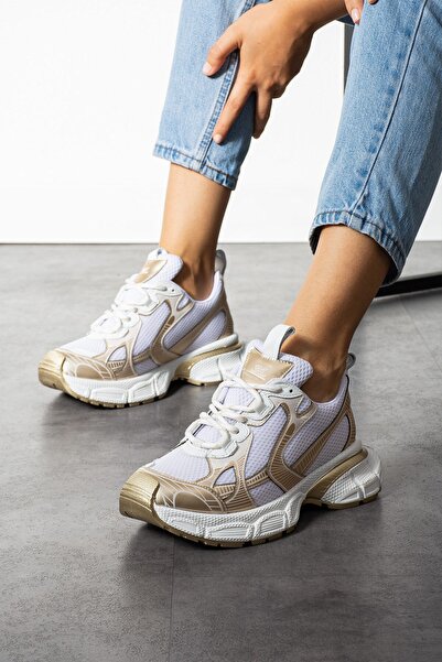 Seniorah White and Gold Colored Women's Sports Shoes - Space Mesh Model