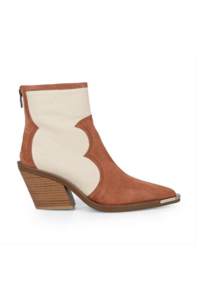 FootCourt Süet Taba Canvas Kumaş Detaylı Kadın Kovboy Bot