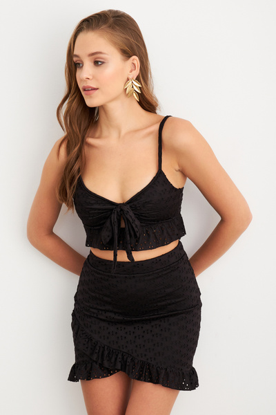 Cool & Sexy Women's Black Tie Front Mini Skirt Suit Li̇t1088