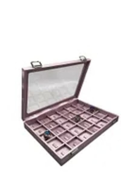 MeGass Dekor New Glass Covered Imera Leather Fabric Pink Color 34 cm / 24 cm Compartmented Nail Ring Table