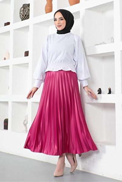 giyze Beli Lastikli Piliseli Etek Fuşya 4538