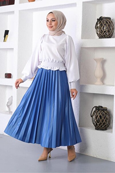 giyze Beli Lastikli Pileli Tesettür Etek Saks 4538