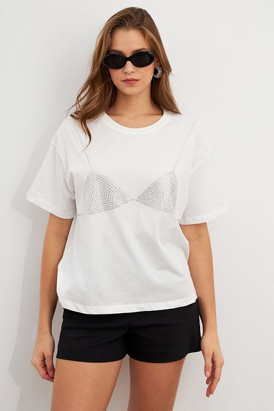 Cool & Sexy Tricou oversize alb cu strasuri de damă TPG13