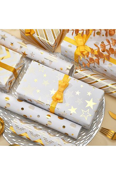 COOYA Gift Wrapping Paper with 4 Gold Ribbon,Metallic Gold Foil Wrapping Paper Gift Bow and Sticker