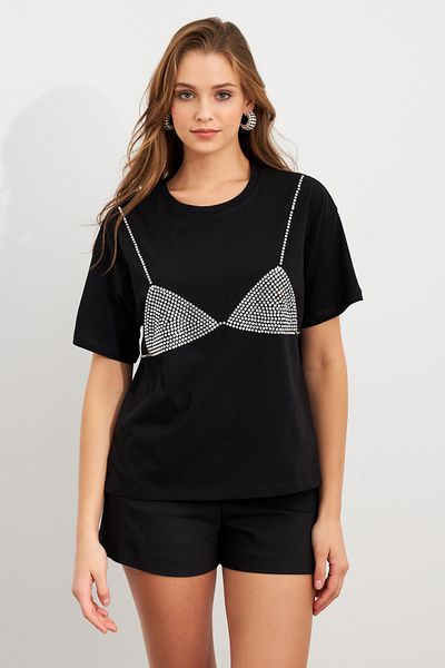 Cool & Sexy Women's Black Strass Oversize T-Shirt Tpg13
