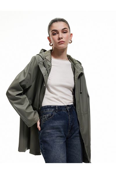 Koton Hooded Faux Leather Raincoat with Binding Detail and Zippered Pockets